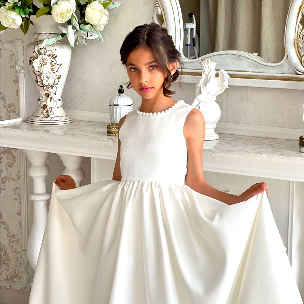 Satin flower girl dress Elegant girl dress Flower girl dress with pearls